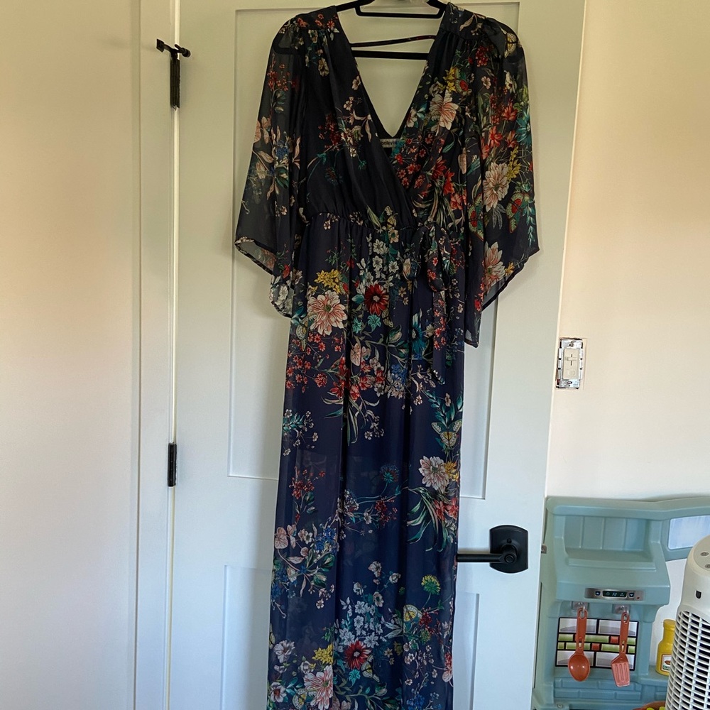 Long Faux Wrap Dress with Kimono Sleeves